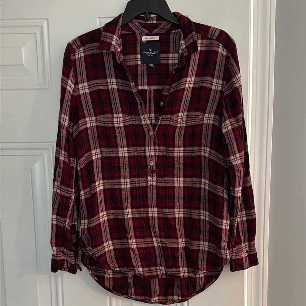 • American Eagle Burgundy and Black Plaid Boyfriend Fit Flannel